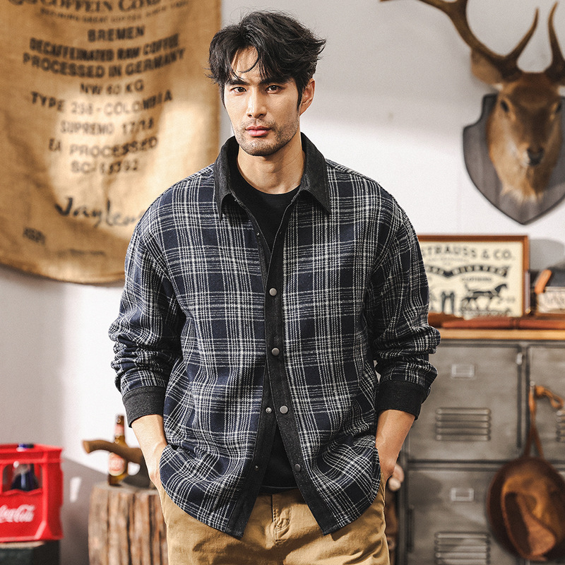 美式經典復古牛仔襯衫男秋季新款硬漢痞帥上衣潮牌長袖格子襯衣男