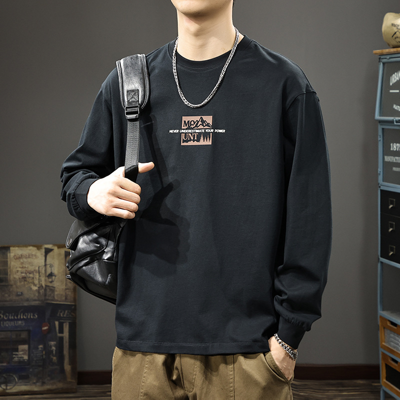美式重磅印花長袖t恤男秋季新款寬鬆大碼休閒打底ins圓領衛衣