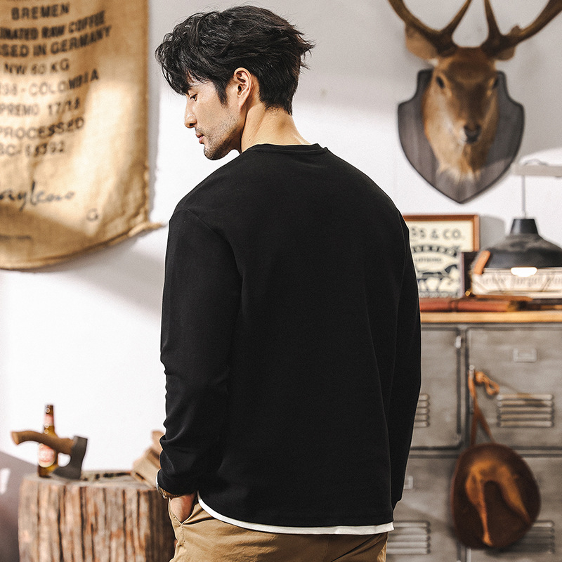 美式復古360g重磅長袖T恤男秋季新款潮牌雙層V領假兩件寬鬆上衣男