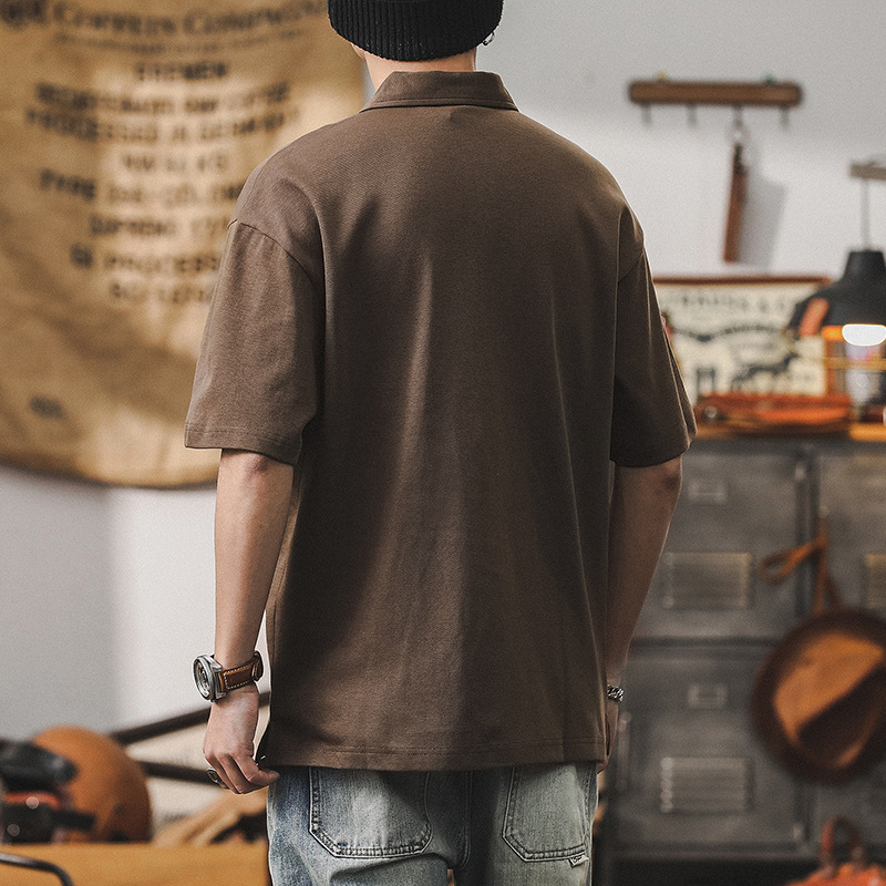 美式復古重磅polo衫短袖男夏季寬鬆休閒古著上衣簡約設計感男T恤