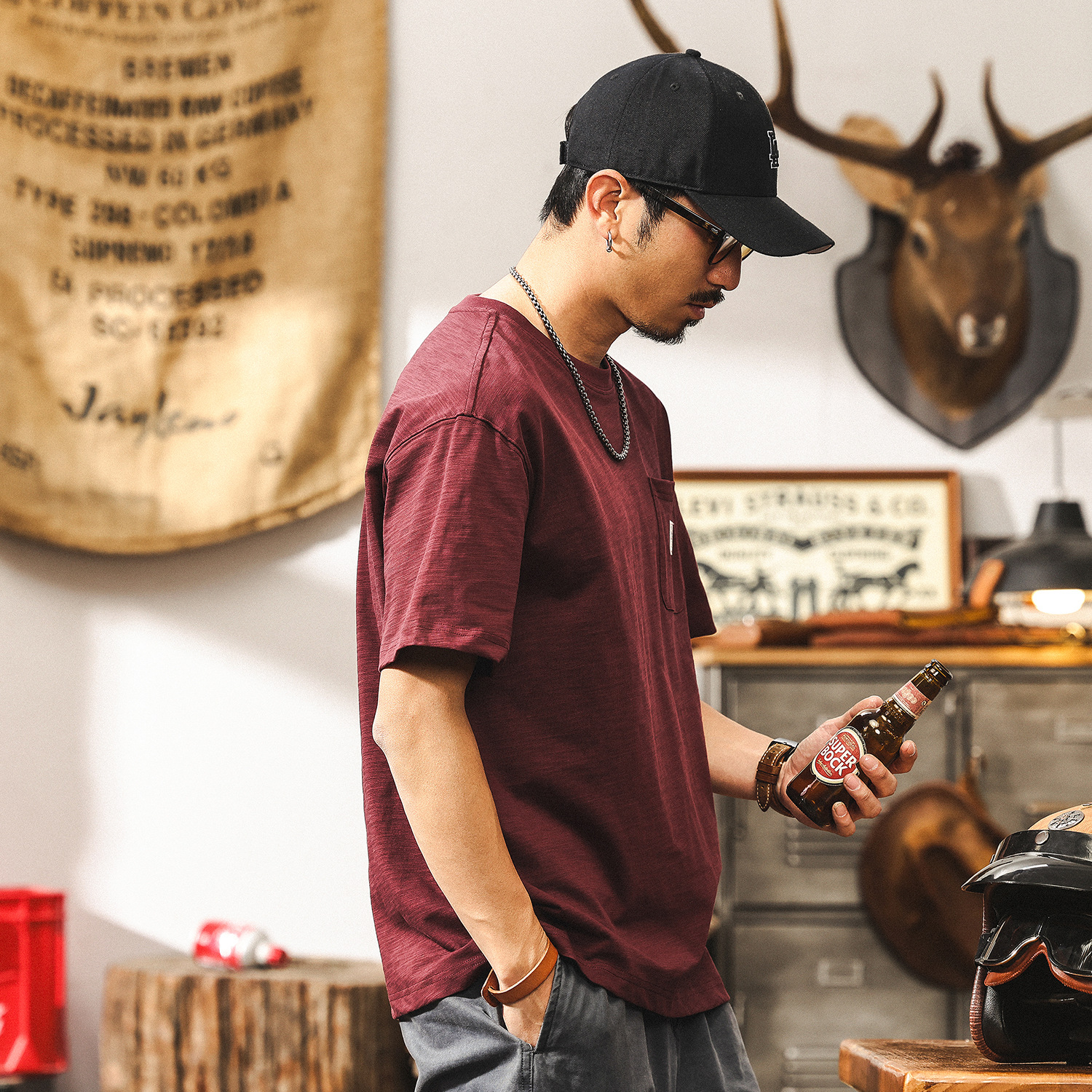 美式重磅復古竹節棉透氣T恤男夏季男士短袖衣服男裝涼感體恤