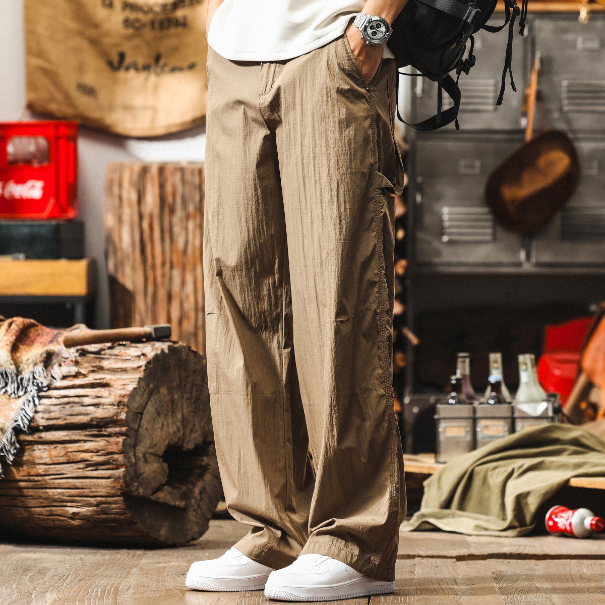 夏季薄款卡其色工裝褲子男直筒2025新款美式復古寬鬆闊腿休閒褲男