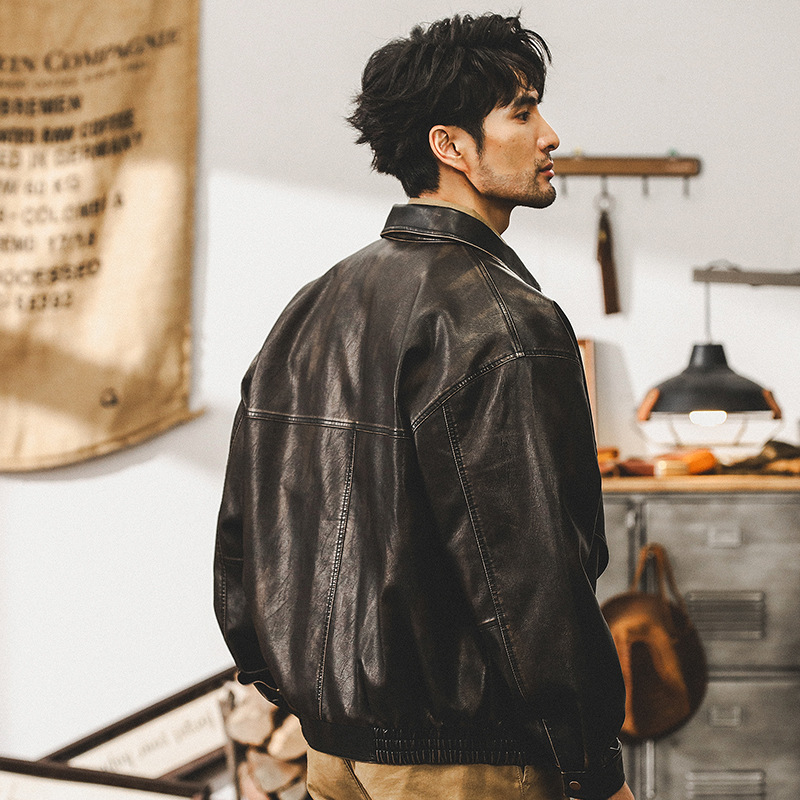 美式復古廢土風軟皮衣外套男秋季潮牌寬鬆痞帥硬漢機車工裝夾克男