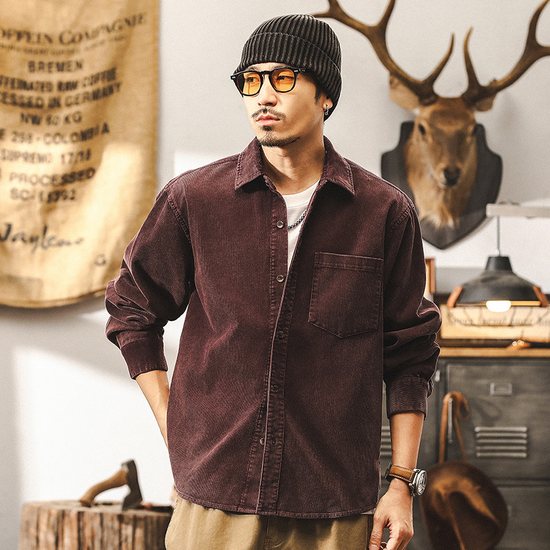 美式復古燈芯絨工裝襯衫男長袖秋季2024年新款阿美咔嘰休閒外套男