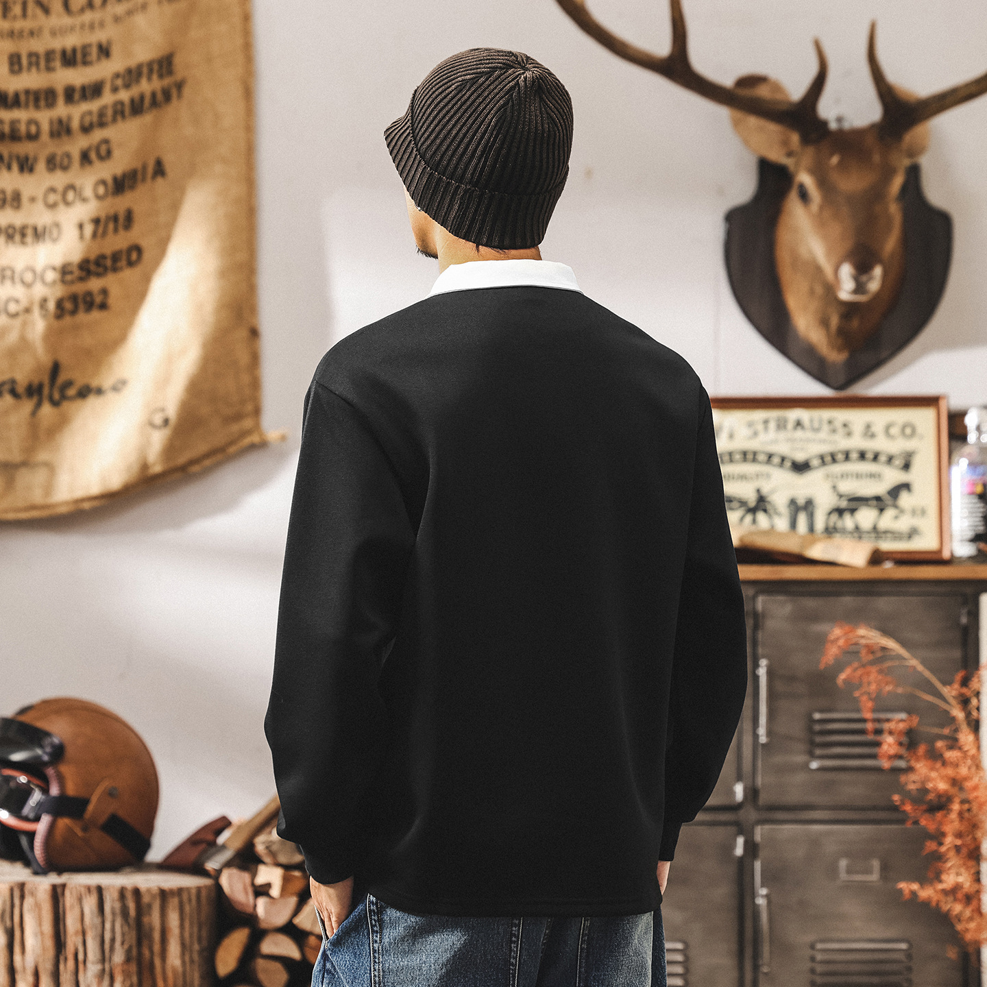 美式復古重磅假兩件衛衣男潮牌春秋新款寬鬆長袖Polo衫男士上衣潮