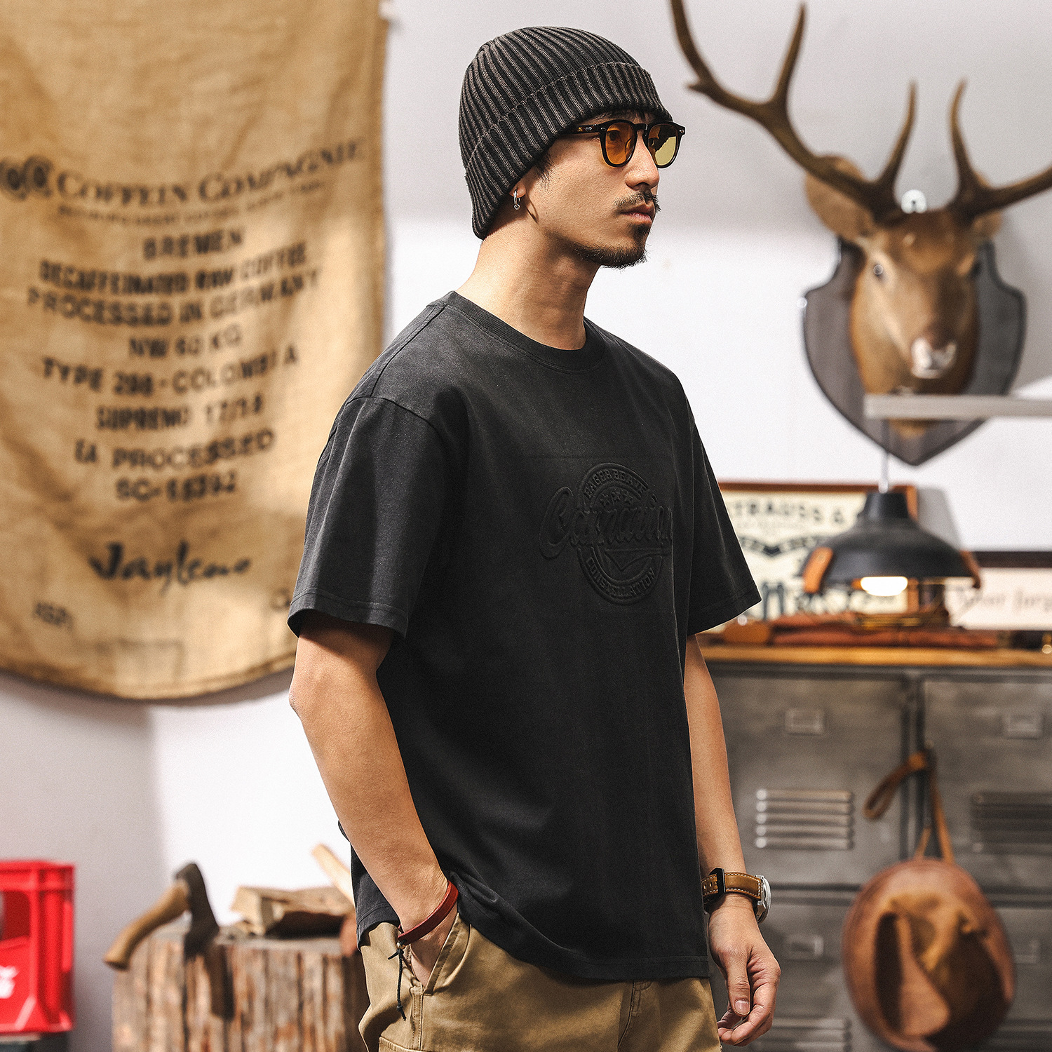 美式復古立體鋼印短袖男夏季寬鬆潮流250g重磅T恤男休閒上衣