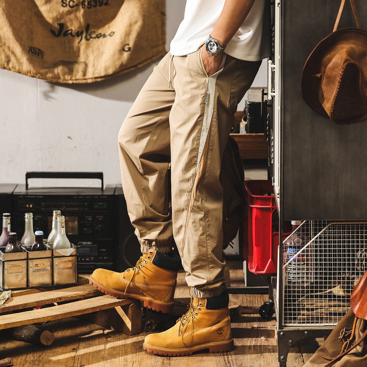 冰絲薄款褲子男夏季寬鬆大碼卡其色束腳男士休閒褲美式復古工裝褲