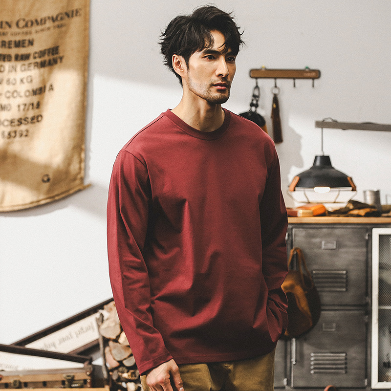 美式復古長袖T恤男秋季重磅打底衫潮牌寬鬆男士休閒圓領上衣