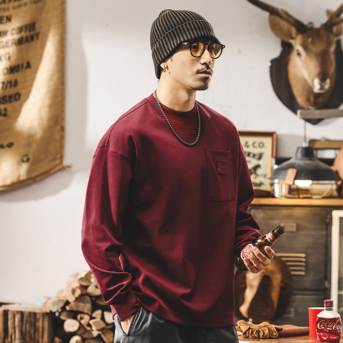 美式復古重磅衛衣男春秋2025新款長袖t恤男秋季寬鬆大碼潮流上衣T