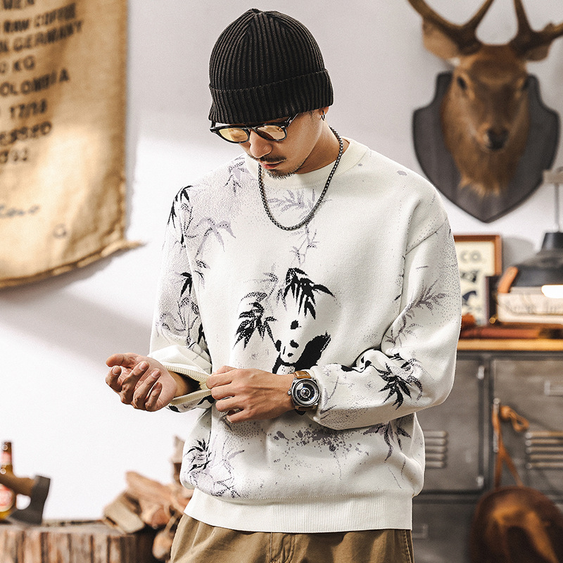 國潮熊貓提花毛衣男冬季潮流男士內搭秋冬款寬鬆國風潮流針織衫男