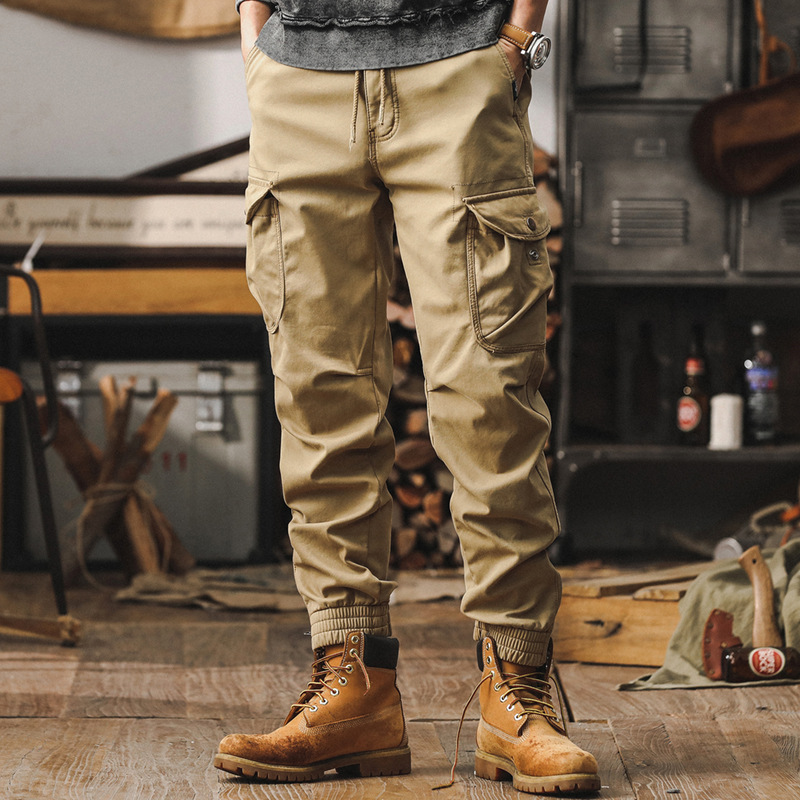 美式復古秋季工裝褲子男2024新款寬鬆休閒褲戶外機能戰術束腳褲男