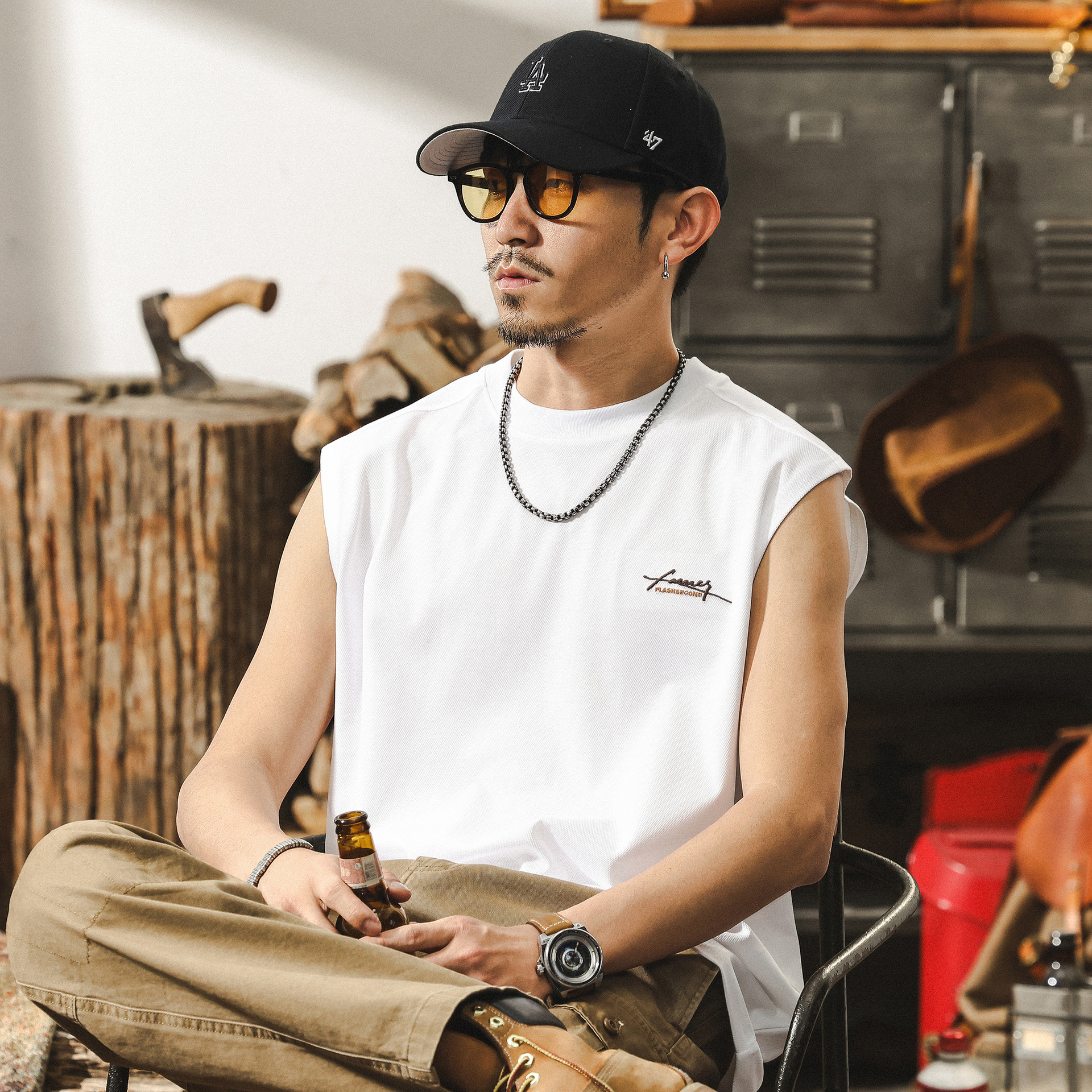 冰絲網眼運動健身背心男款夏季潮牌寬鬆吸溼透氣白色男士無袖T恤