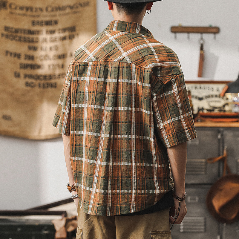 美式經典復古格子襯衫男夏季短袖寬鬆潮牌休閒夏威夷度假沙灘襯衣