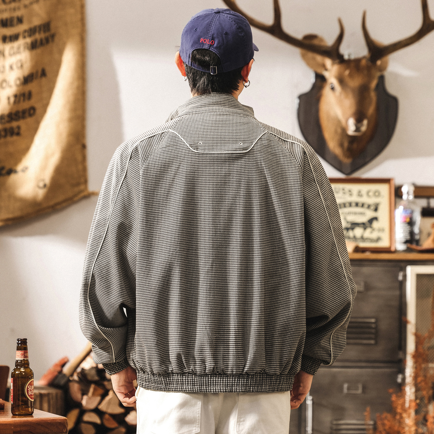 綿羊毛輕奢高端威爾士親王皇家千鳥格夾克男春秋潮牌雙扣短款外套