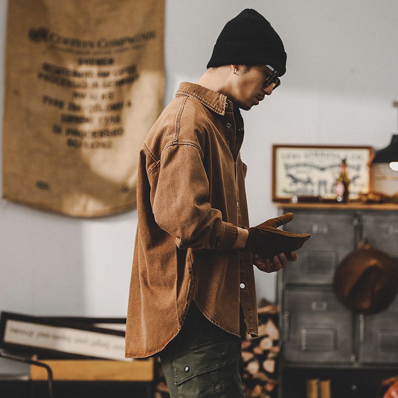 美式重磅長袖襯衫男寬鬆潮牌痞帥硬漢工裝夾克復古春季牛仔外套男