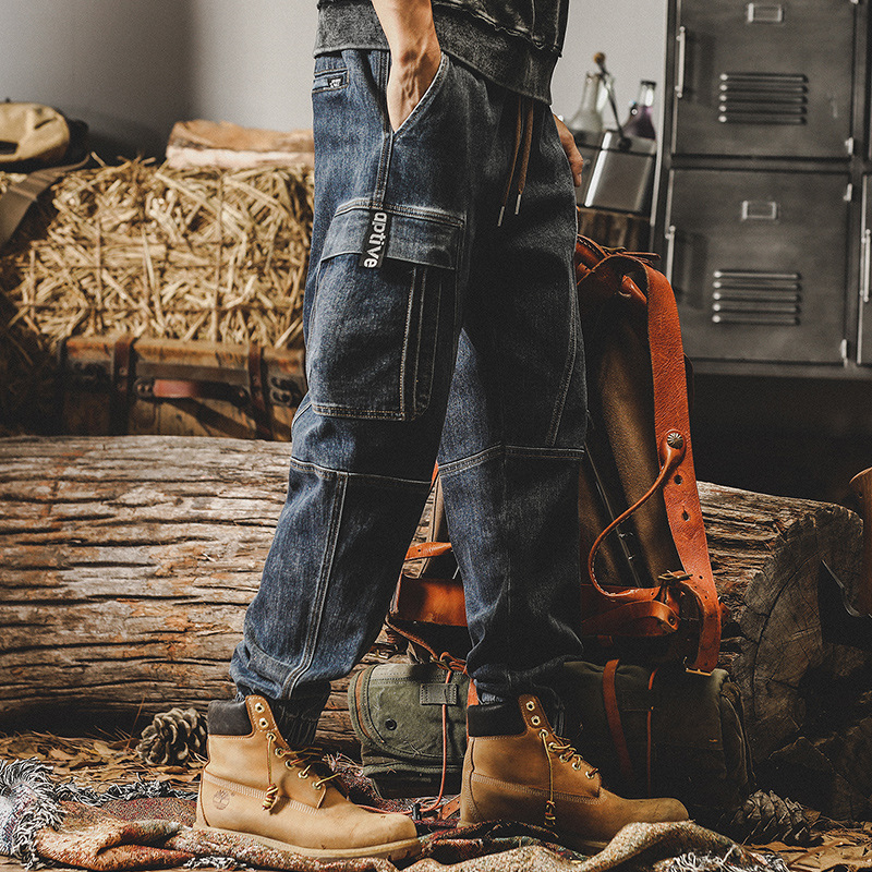 美式重磅復古工裝褲子男寬鬆潮牌潮流牛仔褲男春秋季束腳哈倫褲男