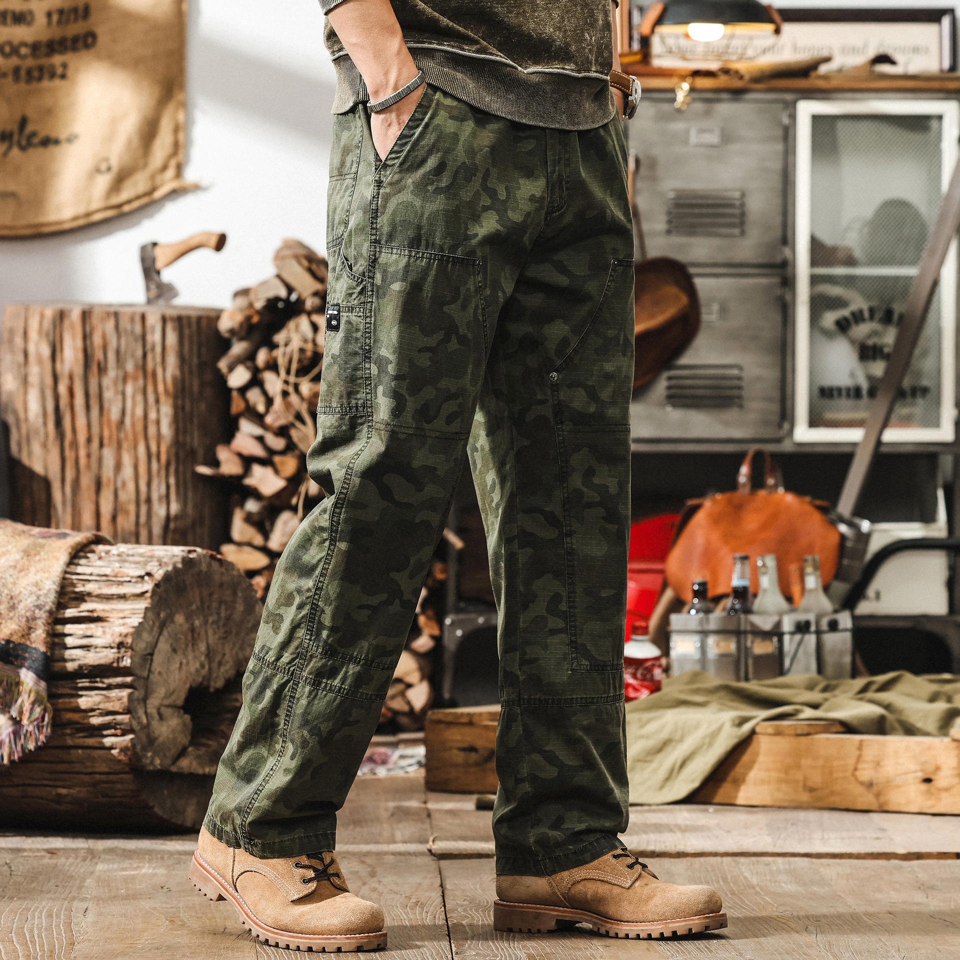 美式復古軍綠色工裝褲子男款夏季潮牌戰術軍事迷彩寬鬆直筒休閒褲