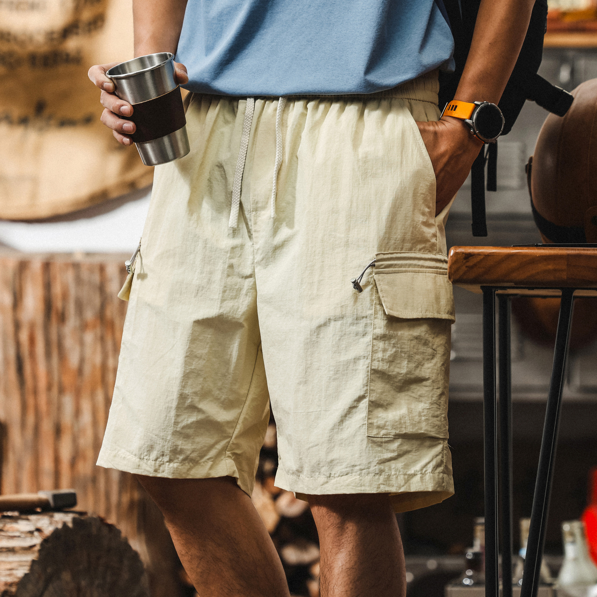 美式戶外機能冰絲工裝短褲男夏季薄款速幹外穿休閒五分褲男士褲子