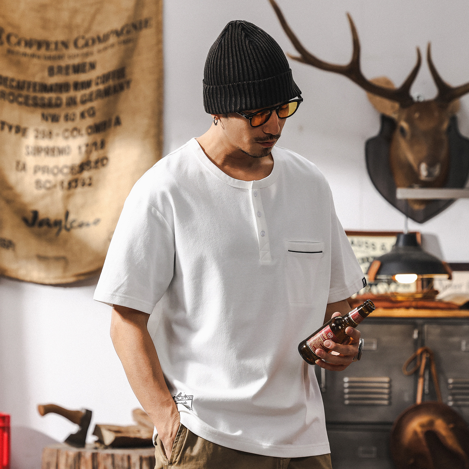 美式復古230g針織亨利領短袖T恤男夏季潮流百搭寬鬆休閒男士上衣
