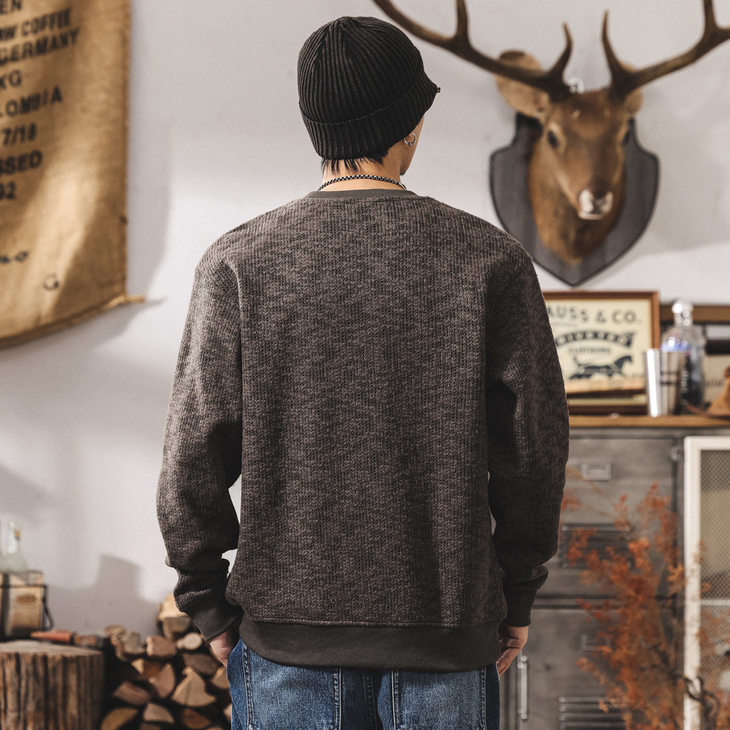 美式復古320g重磅加厚衛衣男冬季新款粗針混色毛線針織衫寬鬆毛衣