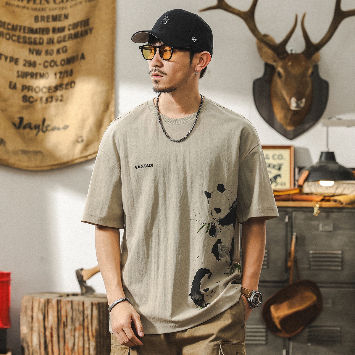 國潮熊貓短袖男款夏季美式復古亞麻薄款T恤潮牌寬鬆大碼男士上衣