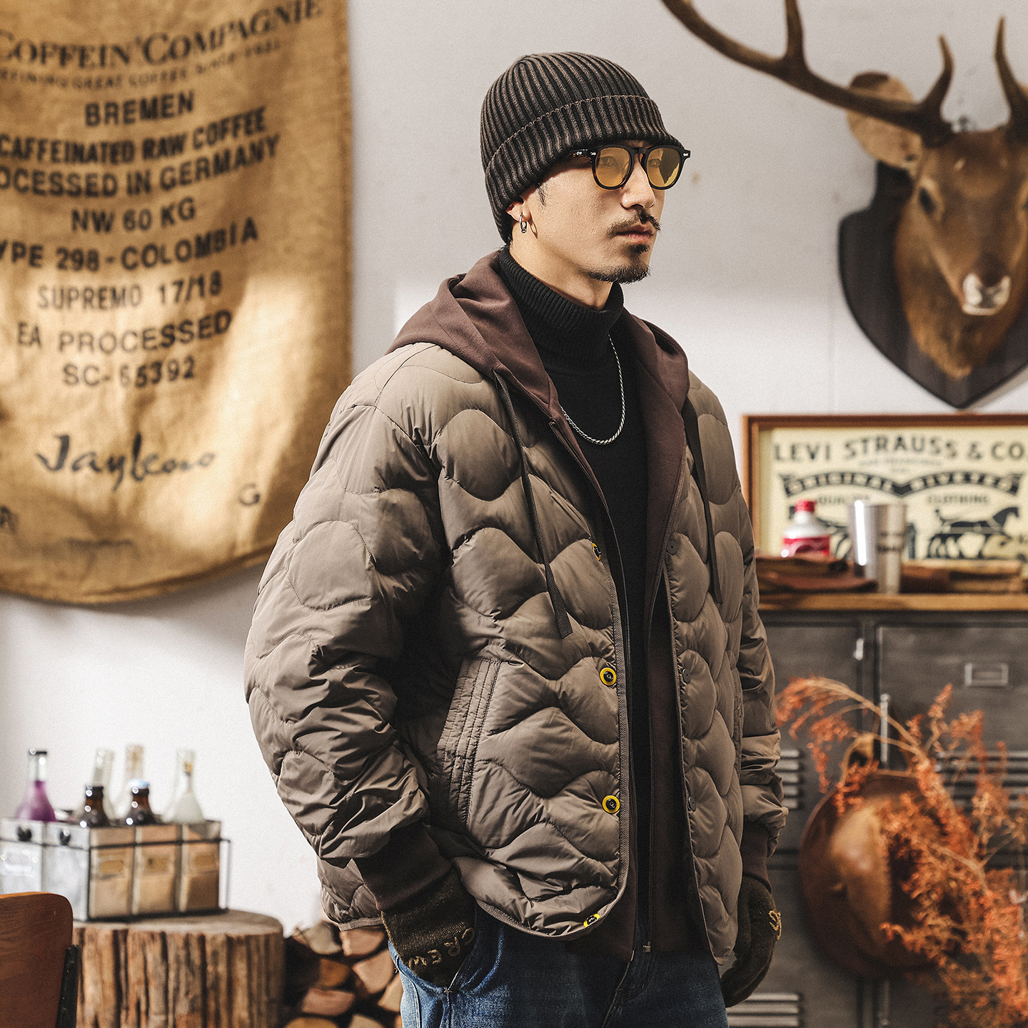 美式復古90鴨絨可拆卸假兩件輕薄羽絨服男冬季潮牌保暖連帽外套男