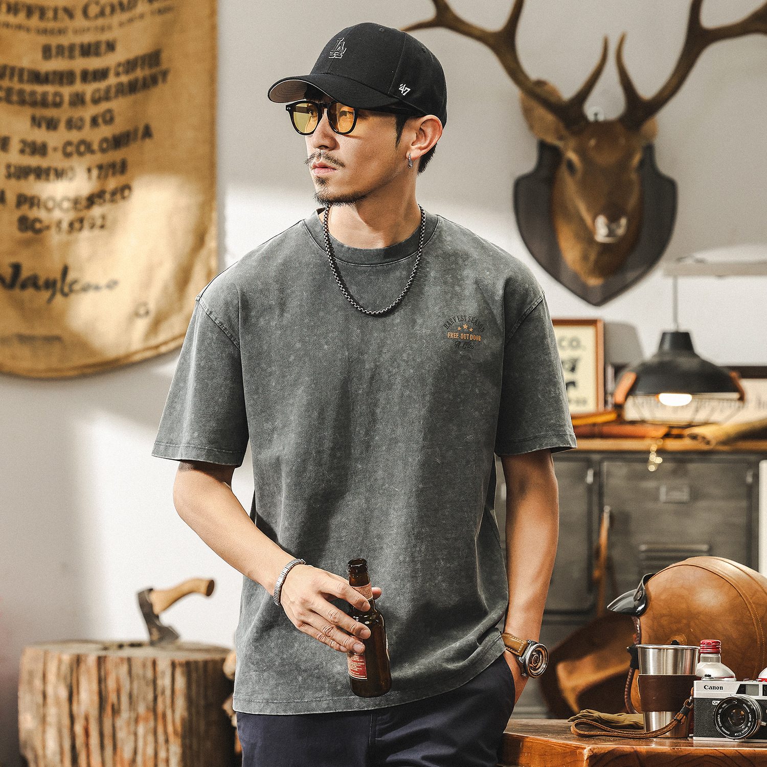 美式復古做舊水洗短袖夏季男士T恤2025新款潮牌寬鬆印花衣服