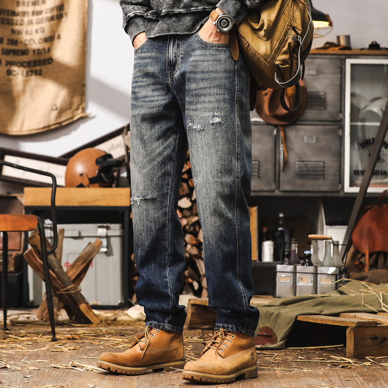美式復古潮牌褲子男秋季2024新款破洞牛仔褲男款直筒寬鬆休閒褲男