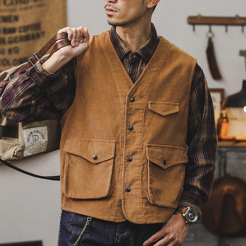 美式重磅復古燈芯絨馬甲外套男寬鬆2024新款潮牌古著工裝夾克褂子