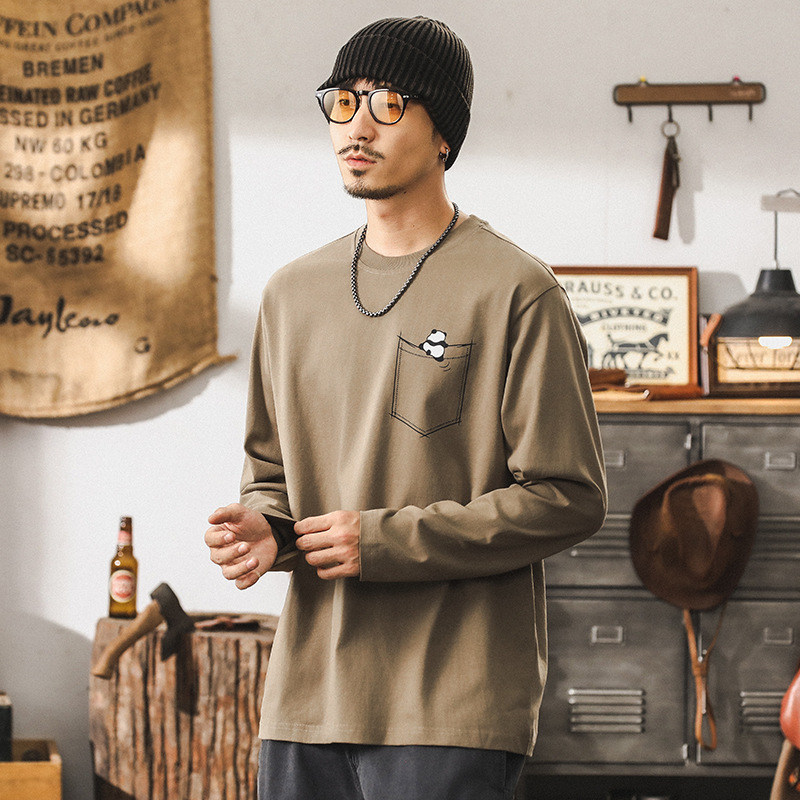 美式復古重磅長袖T恤男秋季潮牌寬鬆趣味印花體恤男士卡其色上衣