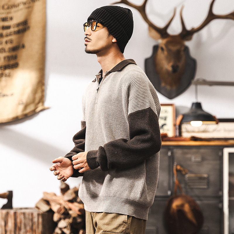 美式700g重磅復古毛衣男秋冬款潮牌寬鬆假兩件polo領針織衫外套男