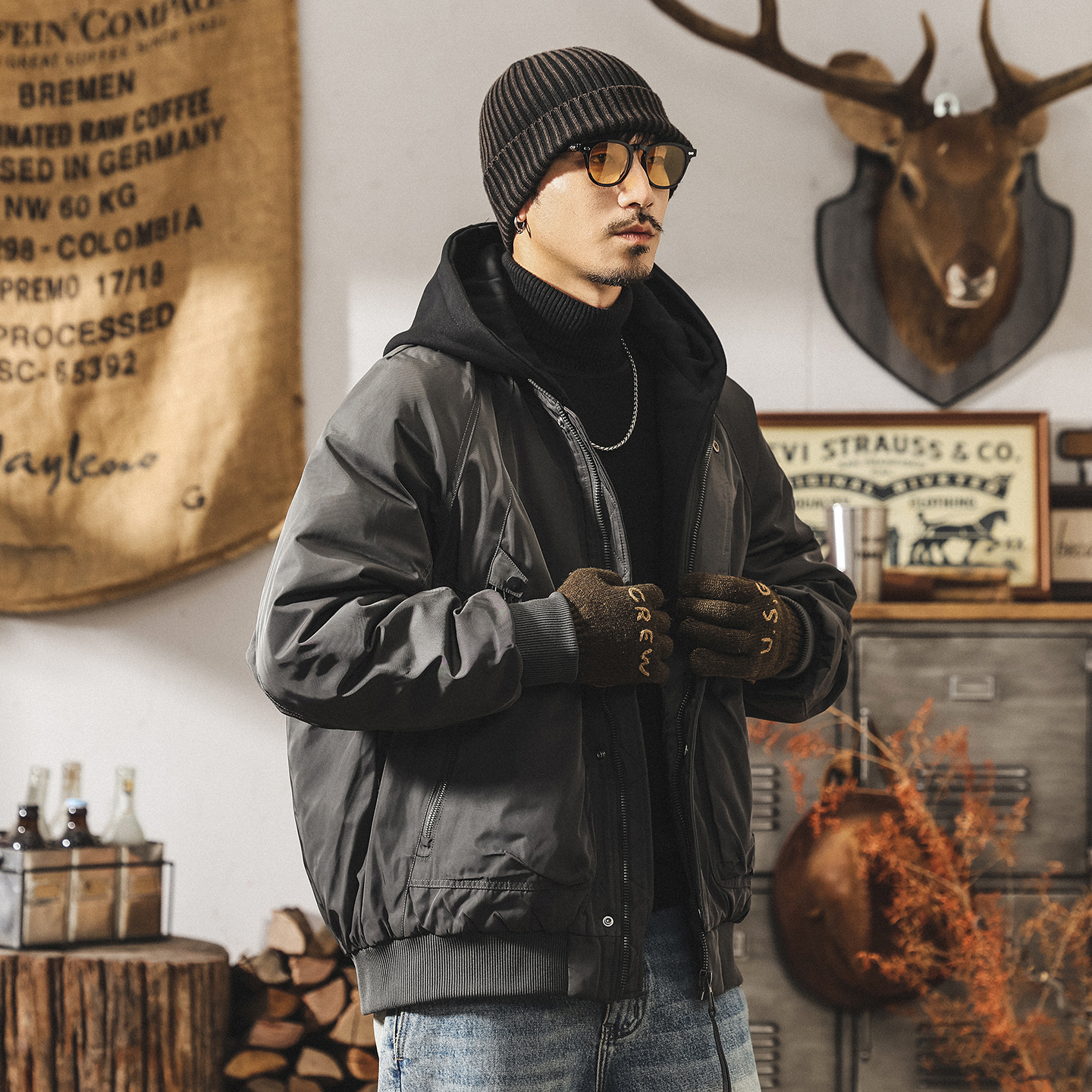 美式復古假兩件工裝羽絨服男冬季加厚90%白鴨絨禦寒保暖連帽外套