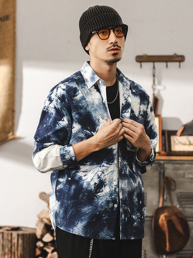 國風水墨長袖襯衫男春季2025新款潮牌高級感紮染印花襯衣外套春秋
