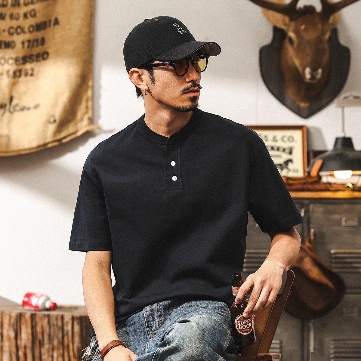 美式復古300g重磅T恤男夏季亨利領短袖男士polo衫潮牌寬鬆上衣男