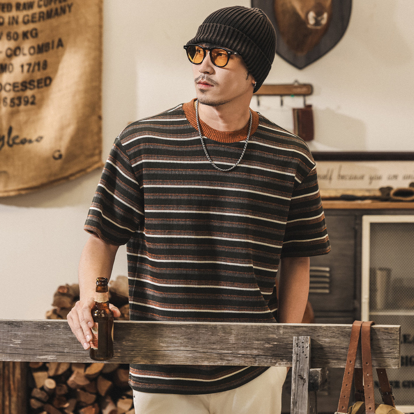 美式復古老錢風針織條紋T恤男夏季短袖2026新款潮流寬鬆休閒上衣