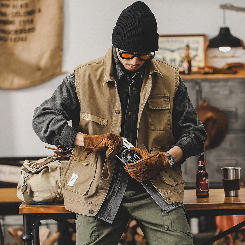 美式重磅复古工装夹克男春季钓鱼户外战术机能多口袋工装马甲外套