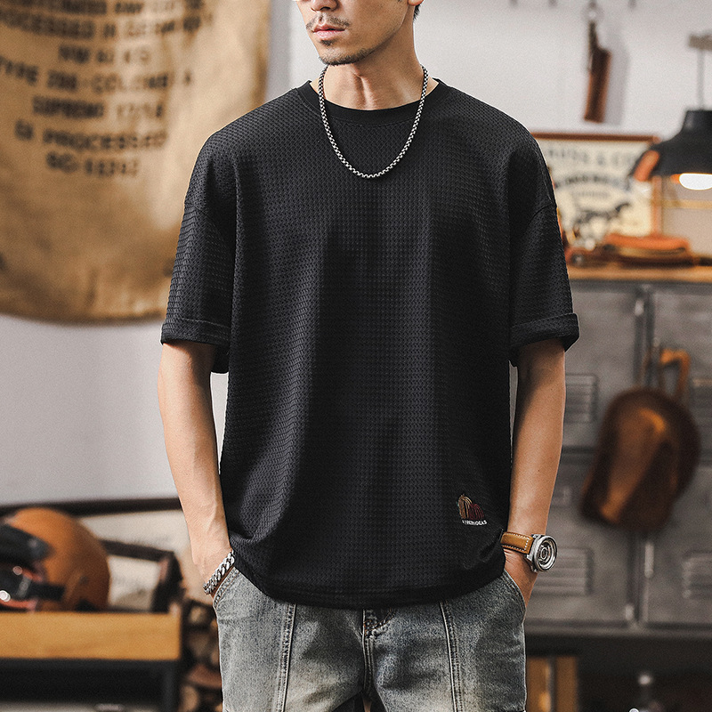 夏季薄款冰絲涼感短袖男2024新款潮牌格紋男士T恤寬鬆垂感半袖男