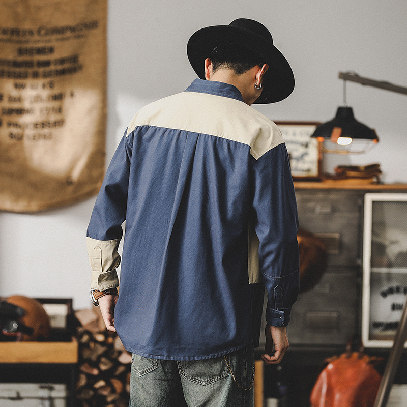 英倫風痞帥男裝復古襯衫男長袖美式潮牌撞色拼接高級感休閑襯衣男