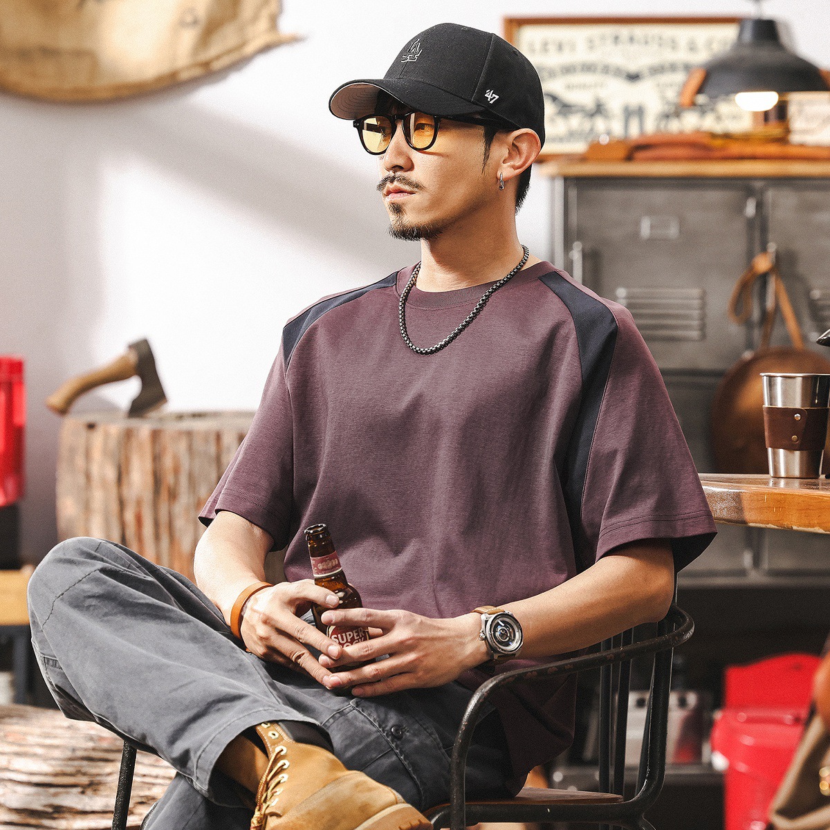 美式復古拼色短袖T恤男夏季2025新款潮牌寬鬆潮流紫色多巴胺上衣