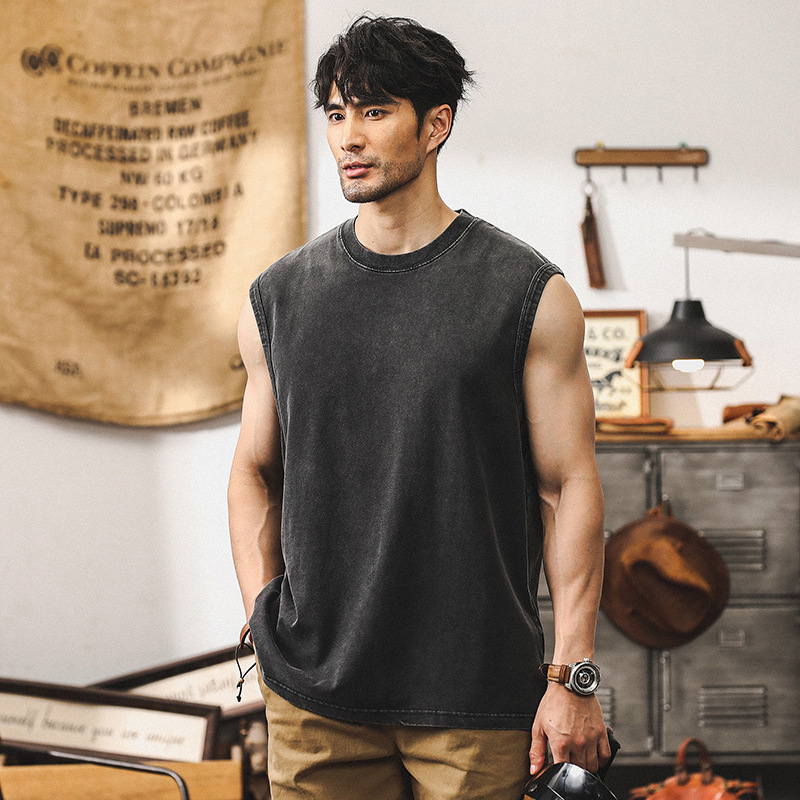 美式復古男士背心夏季寬鬆炒雪花水洗重磅T恤坎肩運動無袖上衣男T