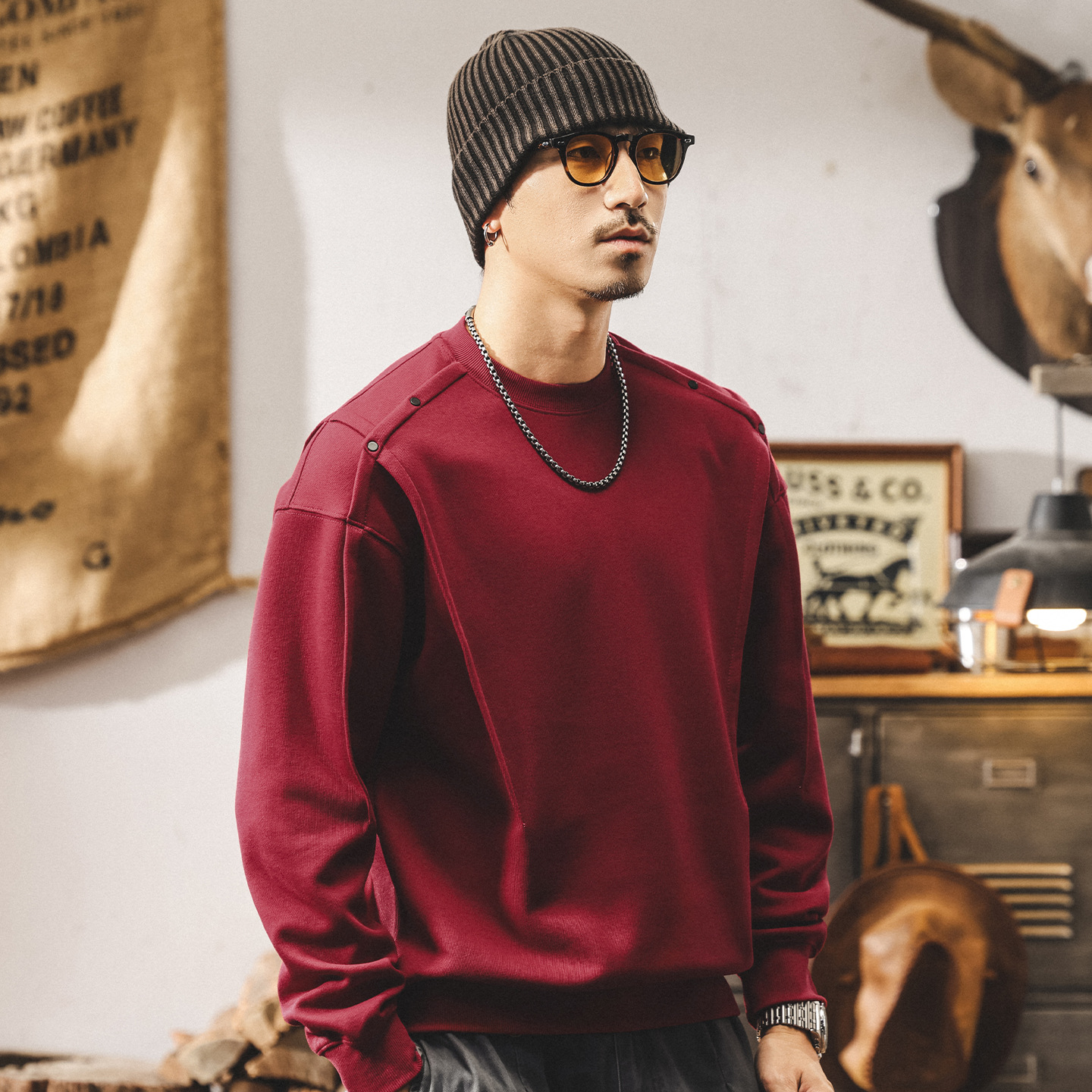 美式復古拼接結構360g重磅衛衣男春秋新款廓形寬鬆休閒長袖上衣男