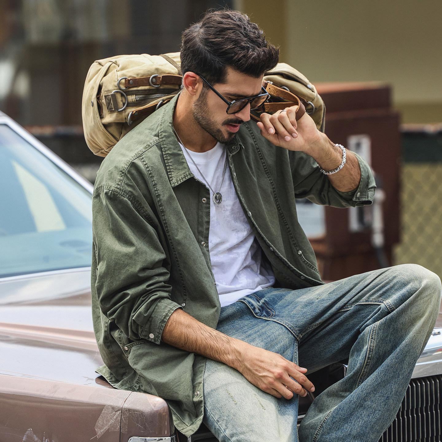 美式復古春季新款男士外套拼接潮牌襯衫式寬鬆休閒春秋工裝夾克男