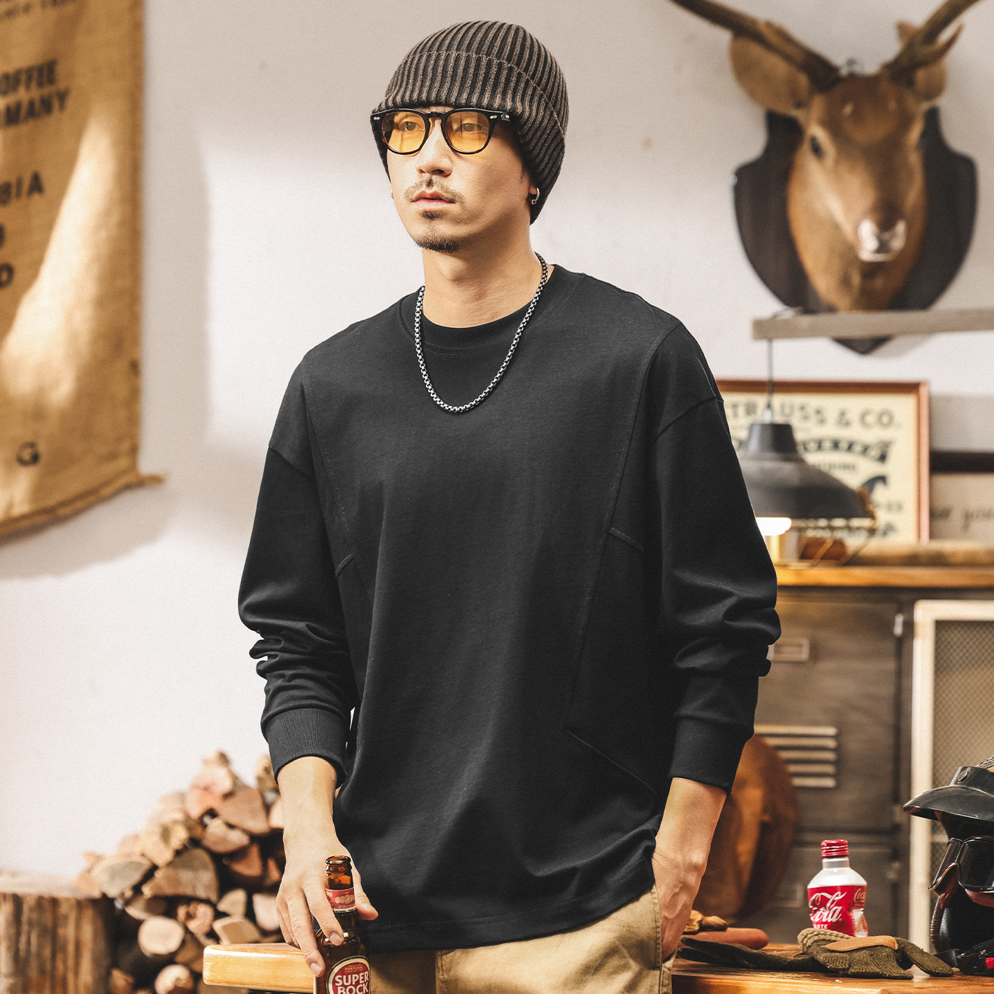 美式復古260g重磅長袖t恤男寬鬆秋季新款大碼男裝簡約基礎上衣男