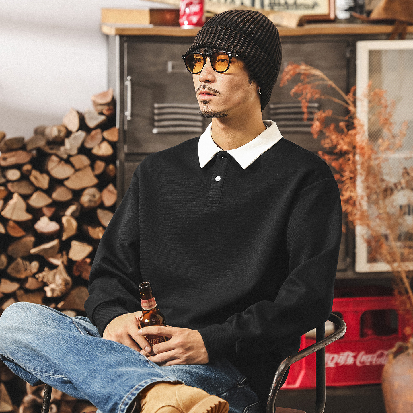 美式復古重磅假兩件衛衣男潮牌春秋新款寬鬆長袖Polo衫男士上衣潮