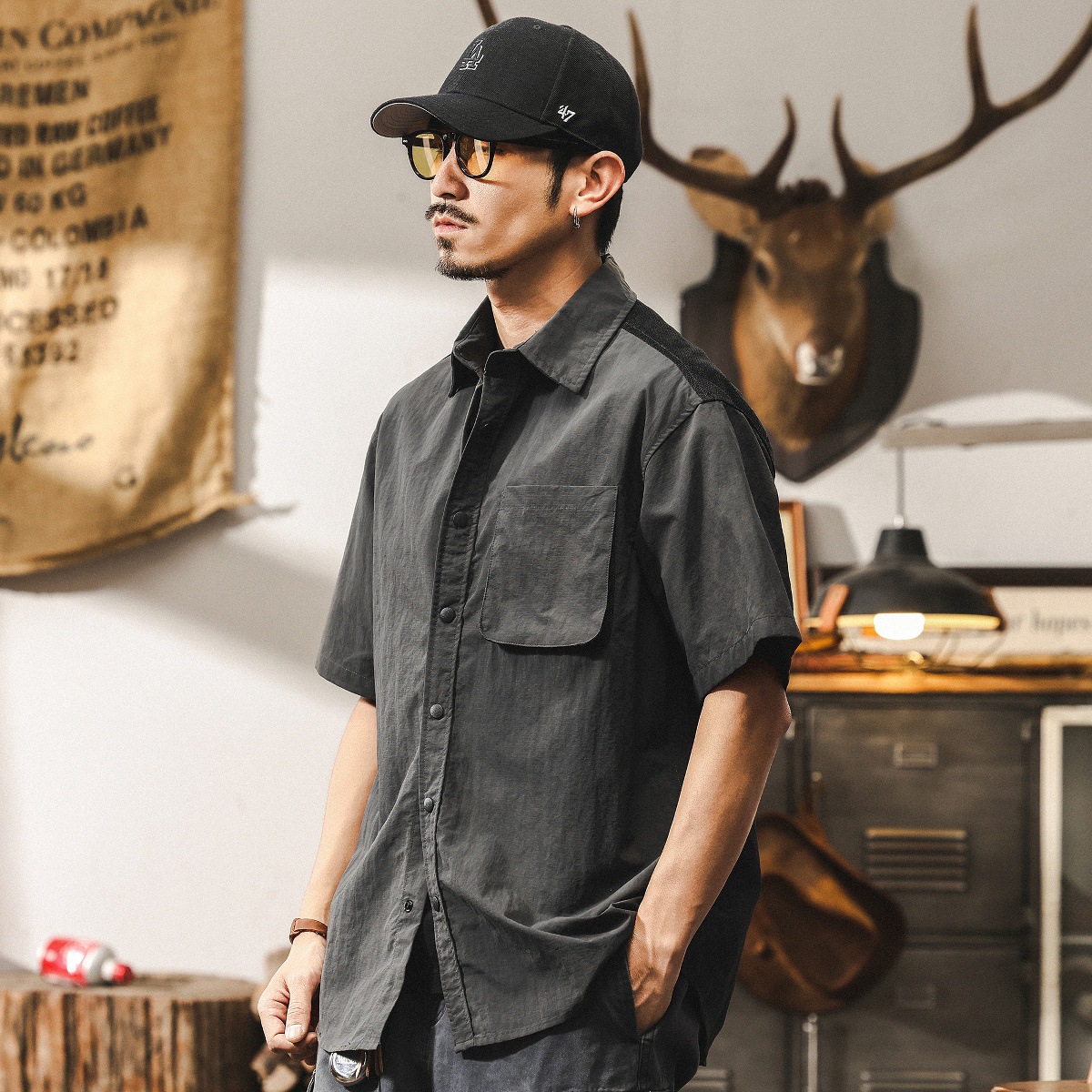 美式復古咖色短袖襯衫男夏季2025新款潮流戶外獵裝寬鬆工裝襯衣男
