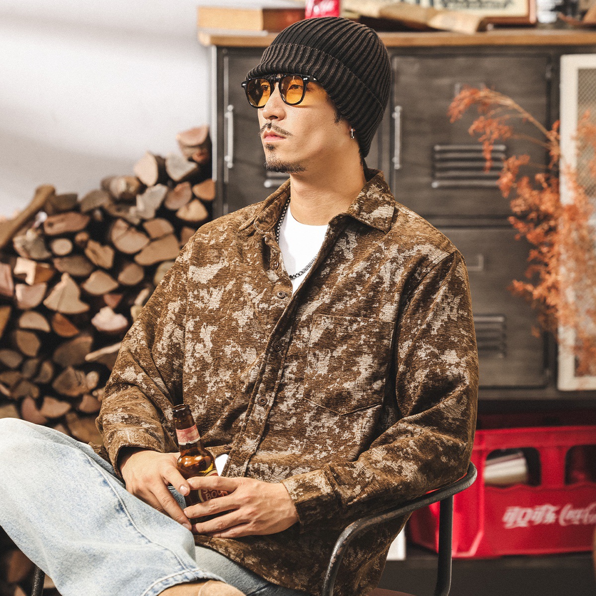 美式復古民族風提花襯衫男長袖春秋新款潮牌古着休閒襯衣寬鬆外套