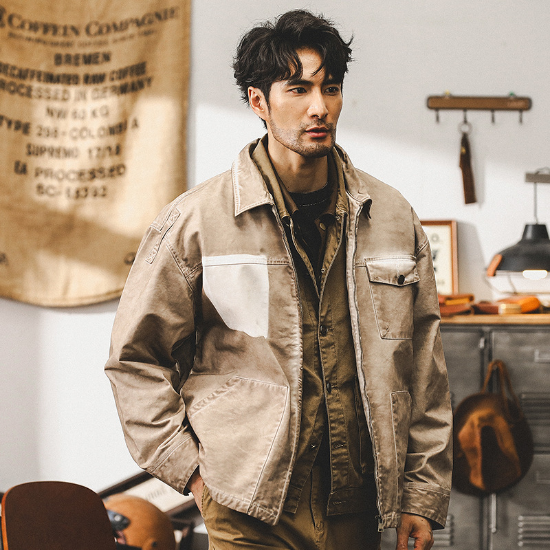 美式經典重磅翻領夾克男春秋潮牌複古做舊髒洗休閑工裝外套男
