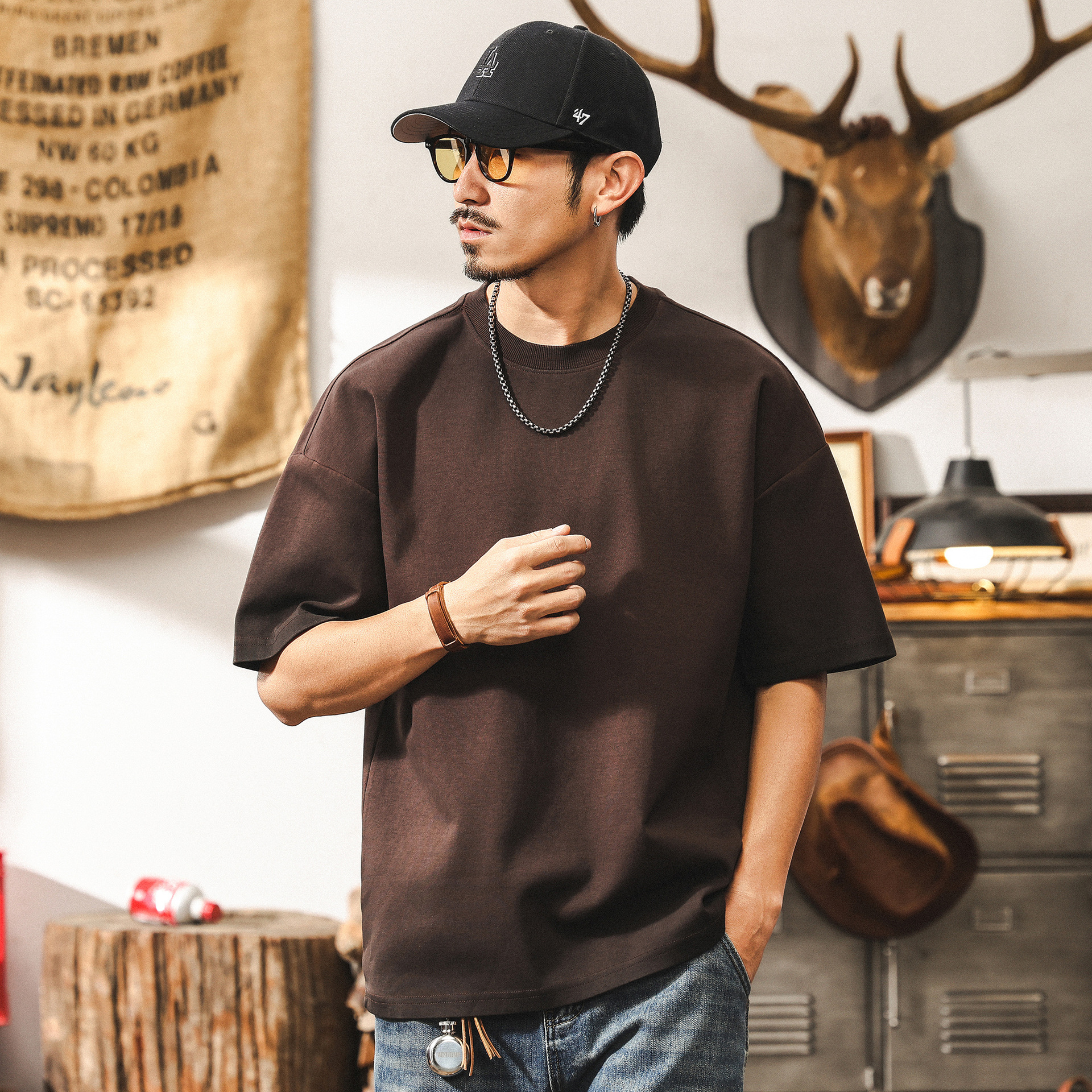 美拉德復古髒染水洗美式短袖男款夏季300g重磅T恤男寬鬆男士上衣T