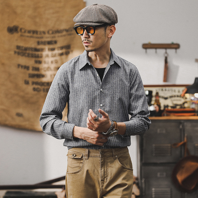 2024新款春季簡約條紋休閒襯衫男士百搭美式經典復古長袖襯衣外套