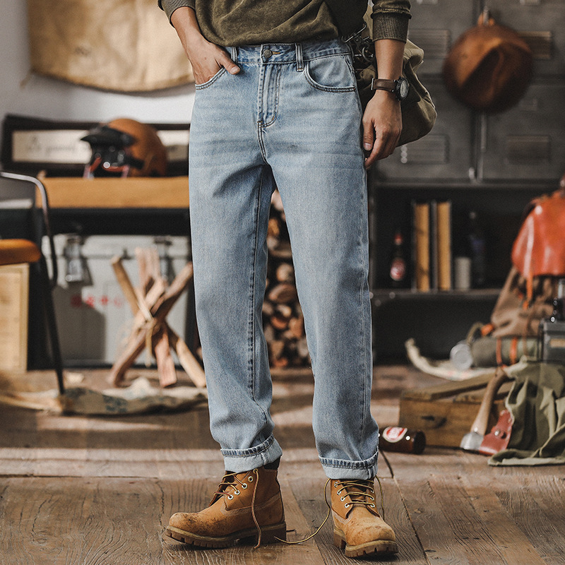美式經典直筒牛仔褲男2025新款簡約褲子男春季重工石磨水洗休閒褲